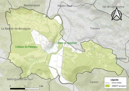 Carte des ZNIEFF de type 2 sur la commune.