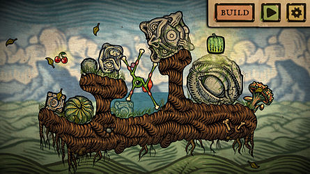 A screenshot showing a small green creature maneuvering around several stone blocks