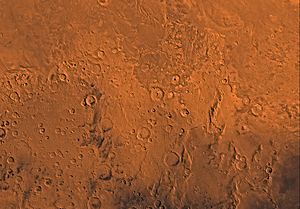 Image of the Memnonia Quadrangle (MC-16). The south includes heavily cratered highlands intersected, in the northeastern part, by Mangala Vallis. The north contains undulating wind-eroded deposits and the east contains lava flows from the Tharsis region. PIA00176-MC-16-MemnoniaRegion-19980605.jpg