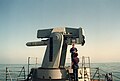 A Harpoon Missile on the rail of a Mark 13 aboard USS Goldsborough