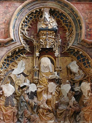 Altar piece in St. Martin's Cathedral, Utrecht, attacked by Calvinists in the Beeldenstorm in 1566. This retable became visible again after restoration in 1919 removed the false wall placed in front of it. Altaarretabel Domkerk.JPG