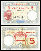 Historisk 5 franc-seddel udstedt af Banque de l'Indochine i 1943