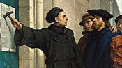 Gambar Luther sedang memasangkan 95 Tesis di pintu Gereja Wittenburg pada 1517, karya Ferdinand Pauwels.