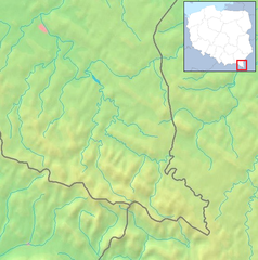 Mapa konturowa Bieszczadów Zachodnich, po lewej znajduje się czarny trójkącik z opisem „Wołosań”