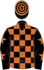 Black and orange check, black sleeves, orange stars, hooped cap