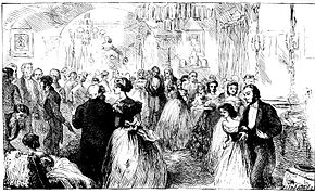 grande salle richement décorée, foule de convives bavardant (sans danser), messieurs (plus nombreux que les dames) en jaquette, dames en robe de soirée. Un grand piano ouvert visible à droite (le musicien se devine juste)