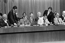 President Jimmy Carter, and General Omar Torrijos sign the Instruments of Ratification of the Panama Canal Treaty.jpg