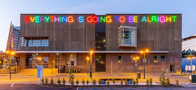 Side view of gallery with Martin Creed's "Everything Is Going To Be Alright" artwork, 2020