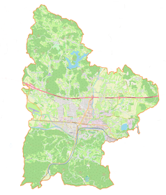 Mapa konturowa gminy miejskiej Celje, blisko prawej krawiędzi znajduje się punkt z opisem „Glinsko”