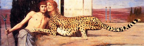 The painting The Caress depicting a creature with a woman's head and a cheetah's body