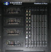 Foundry FastIron II Plus chassis with two fiber management cards and six 16-port gigabit Ethernet cards FoundryFastIronIIPlus.png