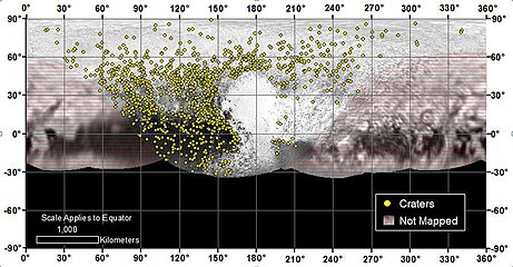 Distribution of over 1000 craters of all ages on Pluto. The variation in density indicates a long history of varying geological activity.