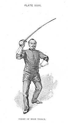 The tierce parry in sabre (from Hutton 1889)[4]