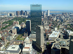 Copley Place mall is located at the lower right of this view