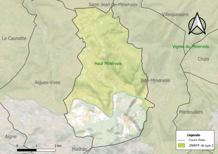 Carte de la ZNIEFF de type 2 sur la commune.