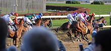 On the rail, Mendelssohn takes the early lead from McKinzie with West Coast in third. Accelerate (#14) lies in fifth DSC 3450ClassicFirstTurn.jpg