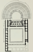 Plan du théâtre hellénistique de Babylone et du bâtiment péristyle attenant.