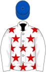 White, red stars on body, royal blue cap