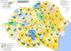 Harta rezultatelor alegerilor parlamentare din decembrie 1937 indică o victorie clară pentru Partidul Național Liberal (PNL).