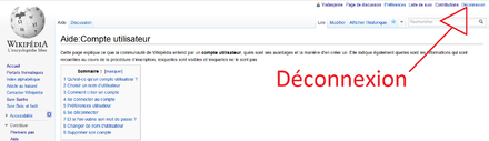 Capture d’écran d’une page de Wikipédia et une flèche indiquant où cliquer pour se déconnecter