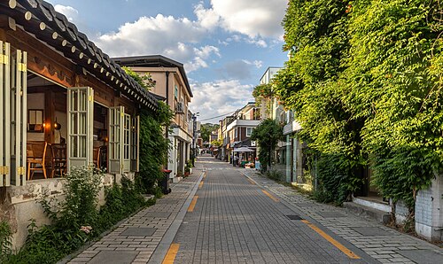 Gyedong-gil street with climbing plants at golden hour in Seoul South Korea