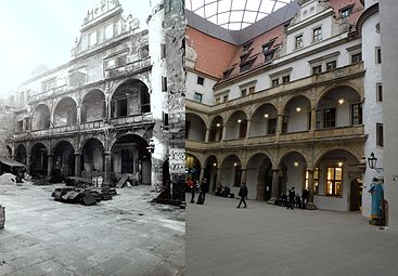 Der kleine Schlosshof des Dresdner Residenzschlosses in den 1950er oder 60er Jahren und 2015