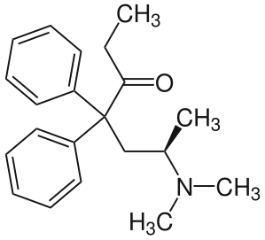 Structure of L-methadone, a key molecule whose crystals were studied in the development of the BD angle concept.