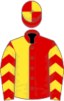 Red and yellow (halved), chevrons on sleeves, quartered cap