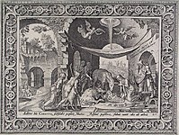 Philips Galle (after Maarten van Heemskerck). 20. The Adoration of the Shepherds label QS:Lit,"L'Adorazione dei pastori" label QS:Lfr,"L’Adoration des bergers" label QS:Lsl,"Poklon pastirjev" label QS:Lpl,"Pokłon pasterzy" label QS:Lro,"Adoraţia păstorilor" label QS:Lnl,"De aanbidding van de herders" label QS:Lru,"Поклонение пастухов" label QS:Les,"La Adoración de los pastores" label QS:Lde,"Die Anbetung der Hirten" label QS:Lpt,"A Adoração dos Pastores" label QS:Len-gb,"The Adoration of the Shepherds" label QS:Len,"The Adoration of the Shepherds" label QS:Lmk,"Поклонение на овчарите" label QS:Lcy,"Addoliad y Bugeiliaid" 1569. engraving. 19 × 25.2 cm (7.4 × 9.9 in). Rotterdam, Museum Boijmans Van Beuningen.