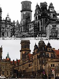 Blick vom Theaterplatz zur Dresdner Hofkirche und zum Residenzschloss in den 1950er oder 60er Jahren und 2015