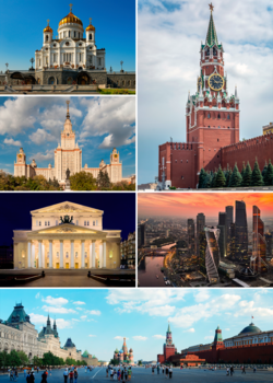 No sentido horário, a partir do canto superior direito: Torre do Salvador no Kremlin de Moscovo; Centro Internacional de Negócios de Moscou; Praça Vermelha; Catedral de São Basílio; Teatro Bolshoi; Universidade Estatal de Moscovo e a Catedral de Cristo Salvador