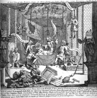 A print by William Hogarth entitled A Just View of the British Stage from 1724 depicting the managers of Drury Lane (Robert Wilks, Colley Cibber, and Barton Booth) rehearsing a play consisting of nothing but special effects, while they used the scripts for The Way of the World, inter al., for toilet paper. This battle of effects was a common subject of satire for the literary wits, including Pope. Hogarth-rehearsal (2).png