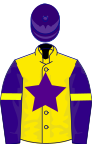 Yellow, purple star, purple sleeves, yellow armlets, purple cap