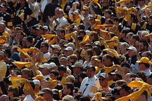 A large crowd of Steelers fans with golden towels