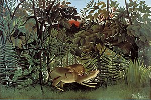 Henri Rousseau, The Hungry Lion Throws Itself on the Antelope, 1905, was the reason for the term Fauvism, and the original "Wild Beast" Rousseau-Hungry-Lion.jpg