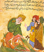 Ünlü Yunan filozofu Sokrates'i öğrencileriyle tartışırken tasvir eden 13. yüzyıldan kalma Arapça bir el yazması.