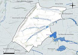 Carte en couleur présentant le réseau hydrographique de la commune