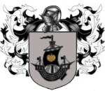 A coat of arms showing a black ship with a white onion on his sail on a field of grey.