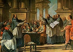 Painting of Augustine of Hippo arguing with a man before an audience