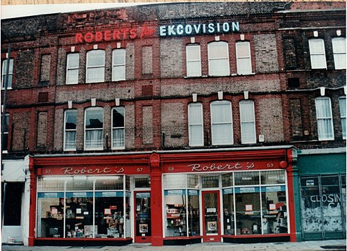 Original "Roberts for Ekcovision" neon sign on Bedford Hill (c.1985)