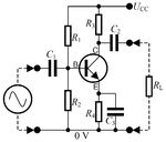 Diagram for et forstærkertrin af typen "fælles emitter"