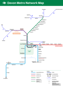 Schematic Map of the services of the Devon Metro network as of July 2024, including the section of the West of England Line branded as the East Devon Line by the DCRP.