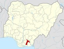 The cathedral is in Aba which is located in Abia State shown here in red.