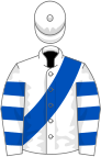 White, royal blue sash, hooped sleeves