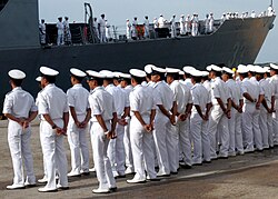 Royal Brunei Navy personnel stand easy on parade as USS Jarrett (FFG-33) pulls into Muara Port, Brunei during CARAT 2007.