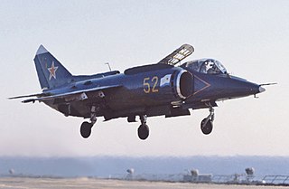 <span class="mw-page-title-main">Yakovlev Yak-38</span> VTOL strike fighter aircraft; only operational VTOL strike aircraft of the Soviet Navy