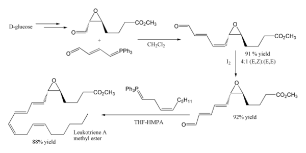 Un ejemplo del uso de la reacción de Wittig en síntesis, dando lugar al éster metílico del Leucotrieno A