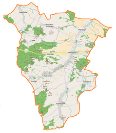 Mapa konturowa gminy Pielgrzymka, u góry po prawej znajduje się punkt z opisem „Wojcieszyn”