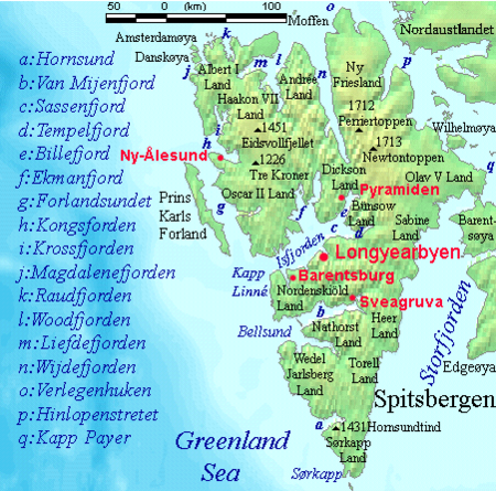 Dickson Land is located between Isfjorden and Wijdefjorden. Spitsbergen labelled.png