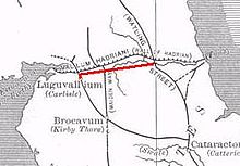 The Stanegate line is marked in red, to the south of the later Hadrian's Wall. (n.b. Brocavum is Brougham, not Kirkby Thore as given in the map) Stanegate.jpg